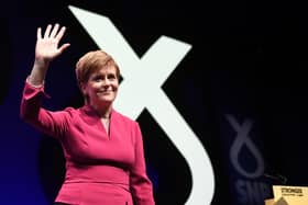 Scotland's First Minister and leader of the Scottish National Party (SNP), Nicola Sturgeon, gestures to supporters after her speech at the annual SNP Conference in Aberdeen, Scotland, on October 15, 2019. (Photo by ANDY BUCHANAN / AFP) (Photo by ANDY BUCHANAN/AFP via Getty Images)