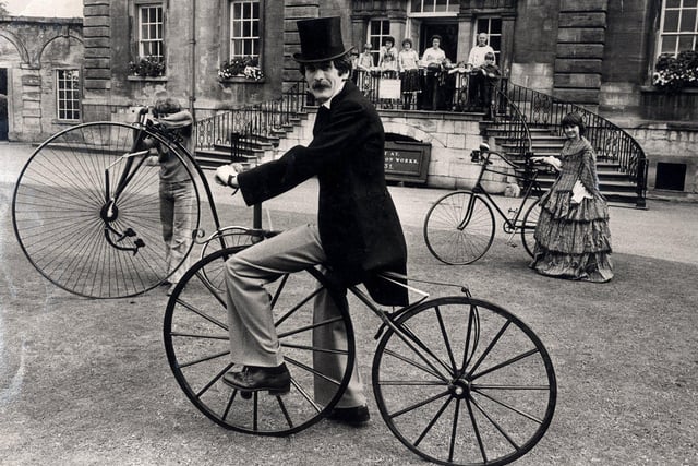 Cusworth Hall Museum acquired these cycles in 1978 and  Curator Graham Nicholson is seen on a 1865 boneshaker,,and left is a1875 Penny Farthing and right a 1880 safety cycle, pictured in September 1978