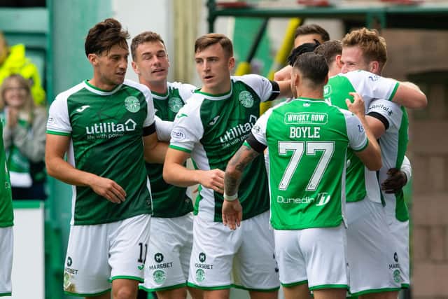 Josh Campbell celebrates with his team-mates after making it 2-1 to Hibs during the 3-1 victory over Aberdeen a week past Saturday. Picture: SNS