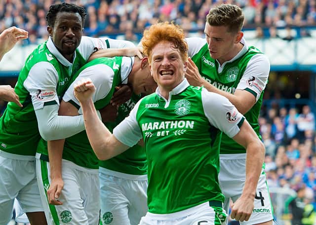 Simon Murray celebrates Hibs' 3- 2 win over Rangers at Ibrox in August 2017