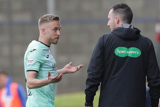 Hibs midfielder Jimmy Jeggo questions the red card decision against St Johnstone