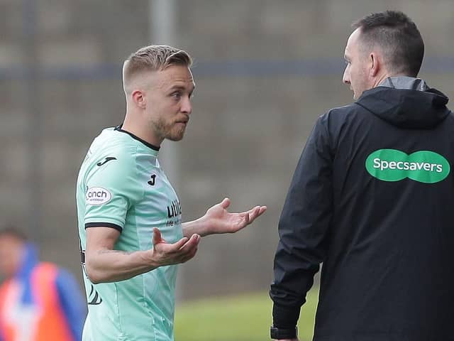 Hibs midfielder Jimmy Jeggo questions the red card decision against St Johnstone