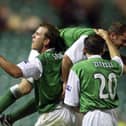 Franck Sauzee, left, David Zitelli, and Mixu Paatelainen (far right) celebrate John O'Neil's goal against Hearts in the 6-2 Edinburgh derby victory in October 2000