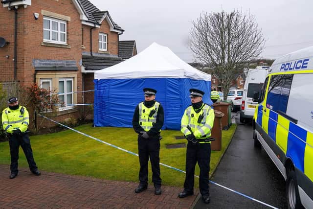 Officers from Police Scotland at the home of former chief executive of the Scottish National Party (SNP) Peter Murrell, in Uddingston, Glasgow, after he was arrested in connection with the ongoing investigation into the funding and finances of the party last year. Picture: Andrew Milligan/PA Wire