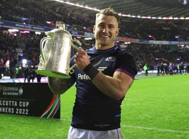 Stuart Hogg celebrates with the Calcutta Cup after Scotland beat England at BT Murrayfield in the 2022 Six Nations.  (Photo by Craig Williamson / SNS Group)