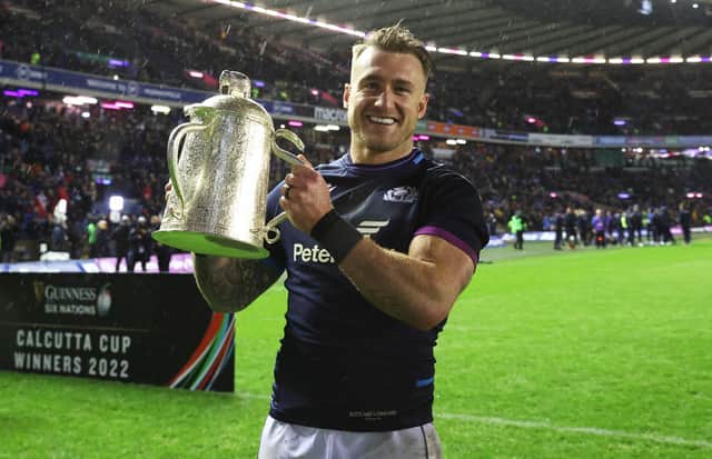 Stuart Hogg celebrates with the Calcutta Cup after Scotland beat England at BT Murrayfield in the 2022 Six Nations.  (Photo by Craig Williamson / SNS Group)