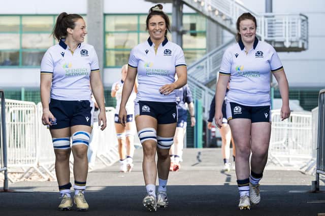 Rachel Malcolm, Emma Wassell and Katie Dougan during a Scotland Women's team run at the DAM Health Stadium ahead of the match against England