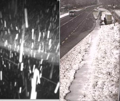 Pictures taken by Amey (left) show snow in Nine Mile Burn this morning.