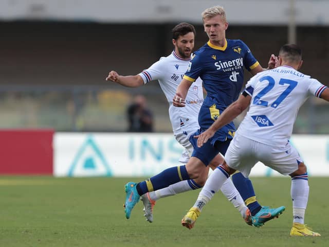 Josh Doig in action for Hellas Verona against Sampdoria in a Serie A clash