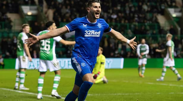 Antonio Colak celebrates putting Rangers 2-1 up in their victory over Hibs on Wednesday evening. Picture: SNS
