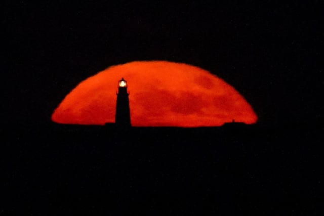 A full moon rises behind the Boston Light, in Winthrop, Mass. Picture (AP Photo/Julio Cortez)