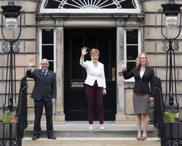 Nicola Sturgeon with Scottish Green co-leaders Patrick Harvie and Lorna Slater at Bute House after they were appointed Scottish Government junior ministers under the SNP-Green power-sharing agreement.  Picture: Lesley Martin/PA.