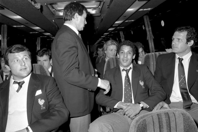 Coach Jean Pique counts heads on the French team bus at Edinburgh airport when the squad arrive for the Scotland v France Five Nations match in March 1984. Scotland won the game 21-12, completing the Grand Slam.