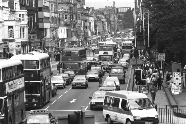 Cars, buses, taxis make up the heavy traffic in Princes Street during the Edinburgh Festival 1987, long before cars were banned from the famous city centre street.