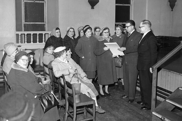 A group of Gorgie housewives at a protest meeting about the closing of public laundries in February 1963.