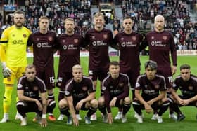 The Hearts squad line up for their Europa Conference League qualifier with Rosenborg. Picture: SNS