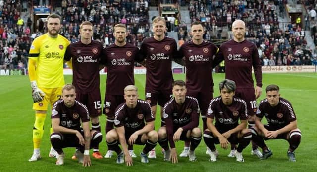 The Hearts squad line up for their Europa Conference League qualifier with Rosenborg. Picture: SNS