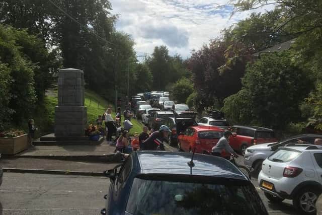 Cars were parked end-to-end along one side of the road in Blackness on Sunday. Pic: Paul Hopkins.