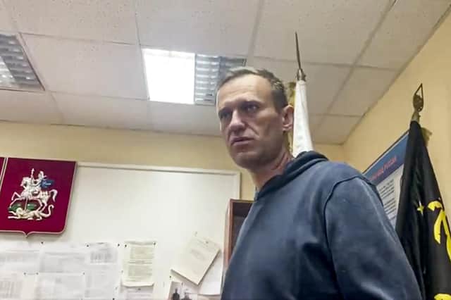 Russian opposition leader Alexei Navalny waits for a court hearing in a police station in Khimki, Moscow, following his arrest (Picture: @Kira_Yarmysh via AP)