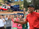 Tiger Woods has had surgery following a serious car crash which majorly damaged his vehicle (inset) (Credit: Getty Images/PA Media)