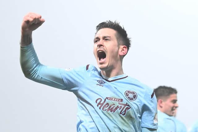 Jamie Walker celebrates his goal in front of the Hearts fans. After coming off the bench for his first appearance since September 18, it was a big moment for the player and the team