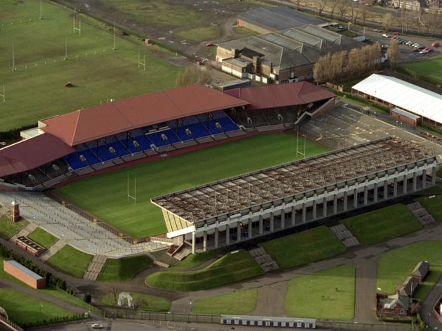 An aerial photo of Murrayfield rugby stadium in Edinburgh, February 1992, halfway through it's transformation into the all seater stadium as it is today.