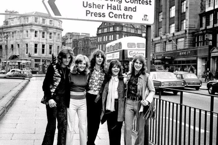 Here you can see The New Seekers on the West End of Princes Street, by a sign that points in the direction of the Usher Hall, where the Eurovision song contest took place. The New Seekers were the UK entry in 1972.