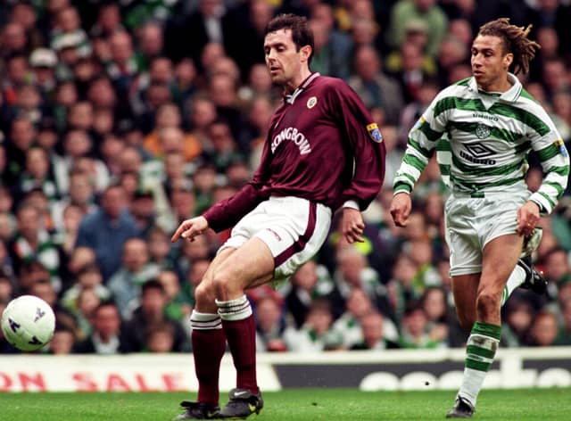 David Weir going up against Celtic and Henrik Larsson during the 1997/98 Scottish Premier Division season. Picture: SNS