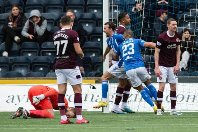 Zander Clark goes down clutching his hamstring as Kilmarnock's Christian Doidge runs away to celebrate after putting the home side 2-1 in front.