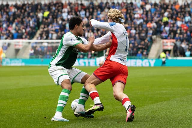 CJ Egan-Riley is penalised for fouling Todd Cantwell in the lead-up to Rangers' opening goal in their 3-1 victory over Hibs