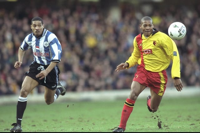 You'll never beat Des Walker . . . The legendary defender in action for Wednesday against Watford in January 1998.