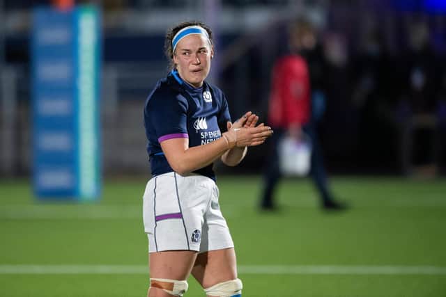 Scotland captain Rachel Malcolm is all smiles at full time after the Autumn Test match victory over Japan at the DAM Health Stadium. Picture: Ross Parker / SNS