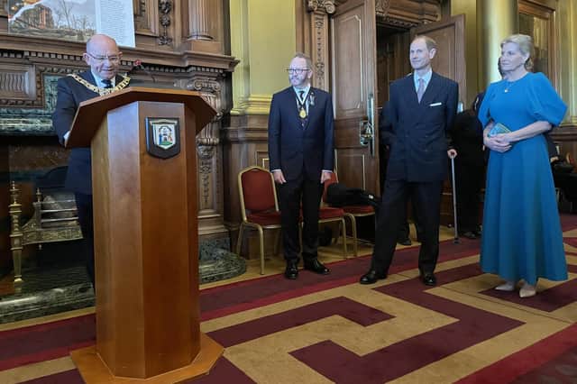 The Lord Lieutenant, Consort and Their Royal Highnesses at the City Chambers reception to mark the work done in Edinburgh this past year to help Ukrainians following Russia's invasion of the country in February 2022.