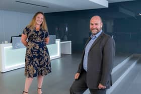 AAB’s acquisition of Purpose HR is announced by Lisa Thomson, CEO, at Purpose HR, and Graeme Allan, chief executive at AAB. Picture: Peter Devlin
