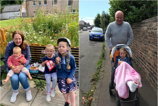 Maggie with her mum and younger sisters, Libby and Molly, before the incident (left) and in the pram with her dad, Gregor, afterwards.