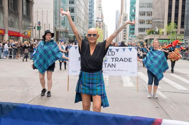 Gail Porter leads the annual Tartan Day parade in New York (Picture Martin McAdam)