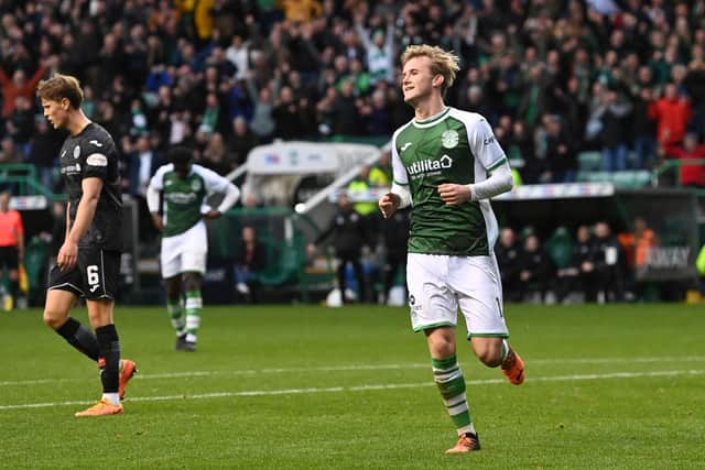 Ewan Henderson celebrates scoring to make it 3-0 to Hibs after their victory against St Mirren. Picture: SNS