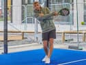 Hibs defender Ryan Porteous hits a shot during an event to herald the opening of new padel courts at Edinburgh Park. Picture: Andy Mather
