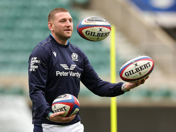 Finn Russell shows his juggling prowess as Scotland train at Twickenham ahead of the Calcutta Cup match. (Photo by David Rogers/Getty Images)