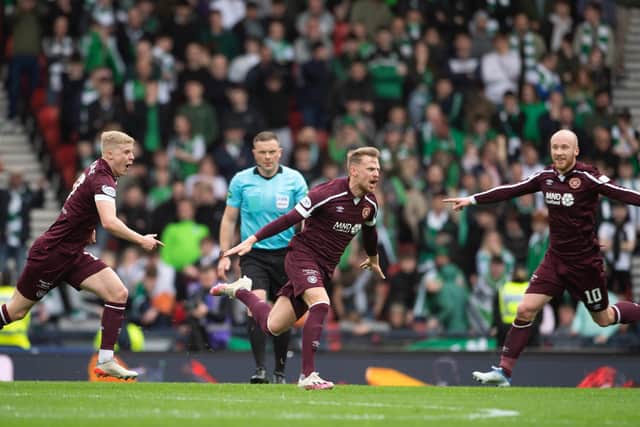 Stephen Kingsley celebrates after putting Hearts 2-0 up on Hibs in the Scottish Cup semi-final with a stunning free-kick. Picture: SNS