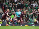 Stephen Kingsley celebrates after putting Hearts 2-0 up on Hibs in the Scottish Cup semi-final with a stunning free-kick. Picture: SNS
