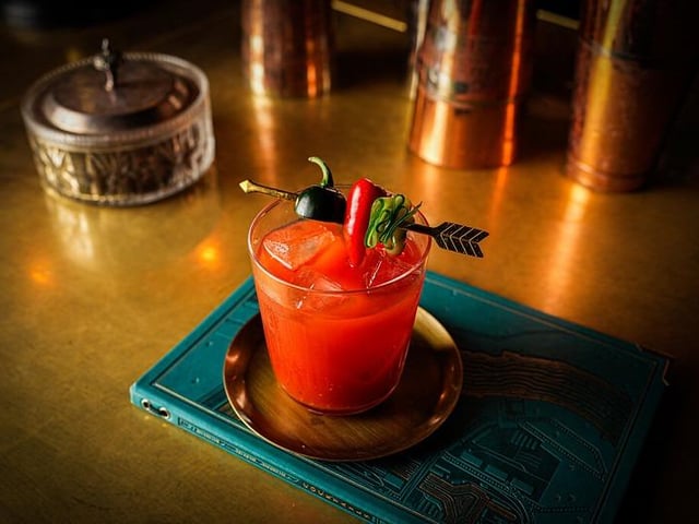 A deeply smoky umami-bomb Bloody Mary. Peat-smoked tomato juice lending a hint of the bonfire.