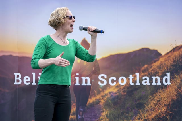 Co-leader of the Scottish Green Party Lorna Slater addresses a crowd outside the Scottish Parliament following a Believe in Scotland march from Edinburgh Castle. Photo: Jane Barlow/PA Wire