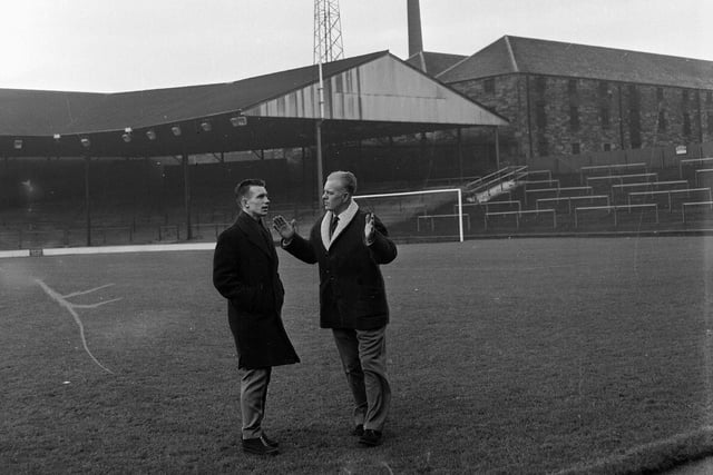 Norwegian footballer Roald Jensen is pictured on the pitch with trainer Johnny Harvey shortly after joining Hearts from SK Brann Bergen in 1964.