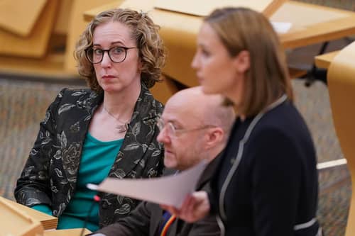 Scottish Green party co-leaders Patrick Harvie and Lorna Slater listen as Net-Zero Secretary Mairi McAllan ditches the Scottish Government's 2030 emissions reduction target (Picture: Andrew Milligan/PA)