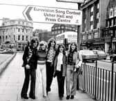 Here you can see The New Seekers on the West End of Princes Street, by a sign that points in the direction of the Usher Hall, where the Eurovision song contest took place. The New Seekers were the UK entry in 1972.