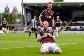 Liam Boyce celebrates Hearts' second goal in Paisley.