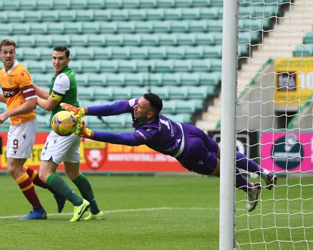 Ofir Marciano pushes Callum Lang's shot away in the first half of Hibs' goalless draw with Motherwell