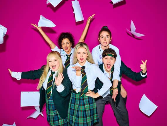 From left to right, Clare Devlin (Nicola Coughlan), Michelle Mallon (Jamie - Lee O'Donnell), Erin Quinn (Saoirse Monica Jackson), Orla Mccool (Louisa Clare Harland), and James Maguire (Dylan Llewellyn) will all return for Derry Girls Season 3. Photo: PA Photo/Channel 4 Television/Peter Marley.