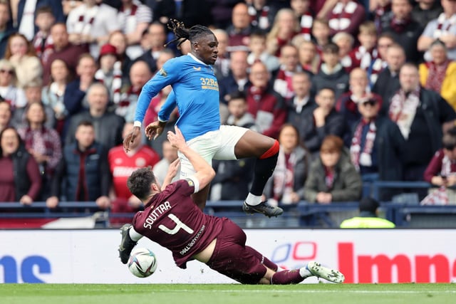 Rangers' Calvin Bassey (right) and Hearts' Stephen Kingsley battle for the ball during the Scottish Cup final